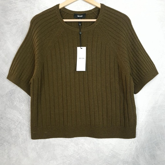 ME+EM Sweaters - ME+EM Sweater Womens Medium Green Merino Cashmere Rib Crop Short Sleeve Knit